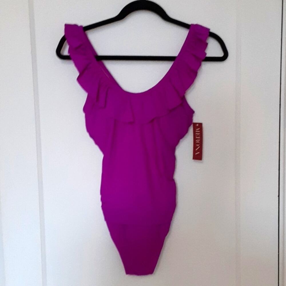 NWT Merona purple ruffle one piece swimsuit small